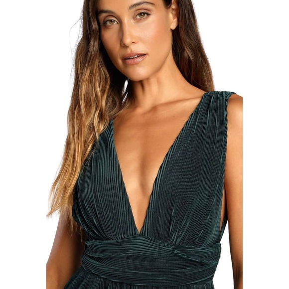 NWT Lulu’s Plisse Be Mine Teal Green Plisse Wide Leg Jumpsuit Size XS Lined Zip - Picture 3 of 16